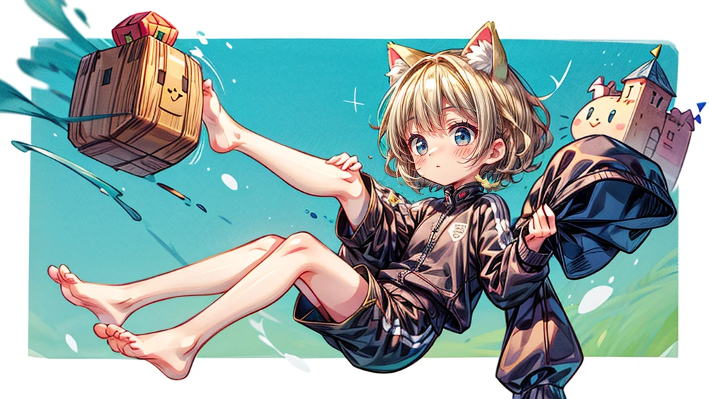 short hair、Cat ear、Flying Castle, Full of air,One girl、Big smile、Blonde Hair、short hair、Side hair is curled inward、Curly hair along the jawline、紺色のTracksuits_White line from shoulder to wrist、Black shorts、barefoot、Tracksuits、Turquoise Eyes