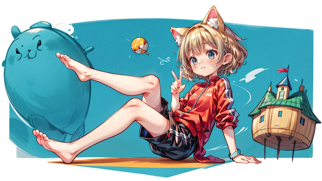 short hair、Cat ear、Flying Castle, Full of air,One girl、Big smile、Blonde Hair、short hair、Side hair is curled inward、Curly hair along the jawline、紺色のTracksuits_White line from shoulder to wrist、Black shorts、barefoot、Tracksuits、Turquoise Eyes