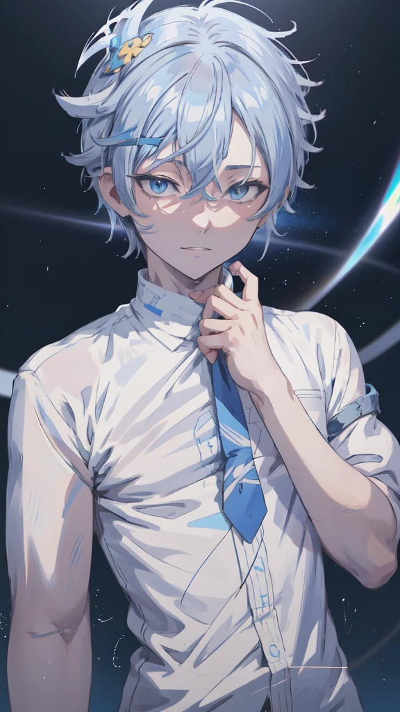 Anime Shōnen with blue eyes and a white shirt and tie, [[[[smile wickedly]]]], Anime Shōnen, kaworu nagisa, ( ( ( yoh yoshinari ) ) ), smileing nright, Young Anime Guy, Tall anime guy with blue eyes, 8K!, Anime Handsome Man, Cute anime face, Male Anime Characters
