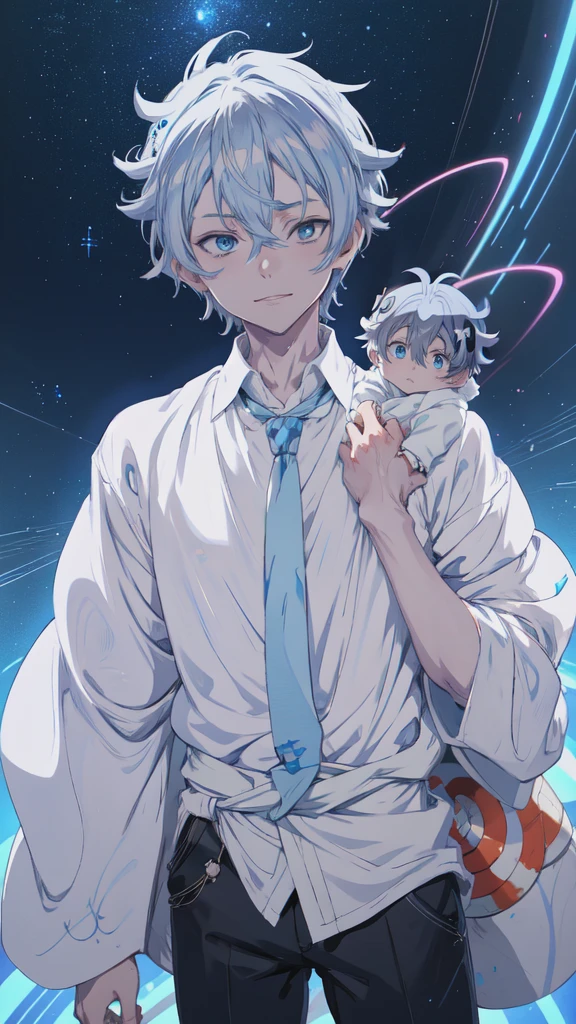 Anime Shōnen with blue eyes and a white shirt and tie, [[[[smile wickedly]]]], Anime Shōnen, kaworu nagisa, ( ( ( yoh yoshinari ) ) ), smileing nright, Young Anime Guy, Tall anime guy with blue eyes, 8K!, Anime Handsome Man, Cute anime face, Male Anime Characters
