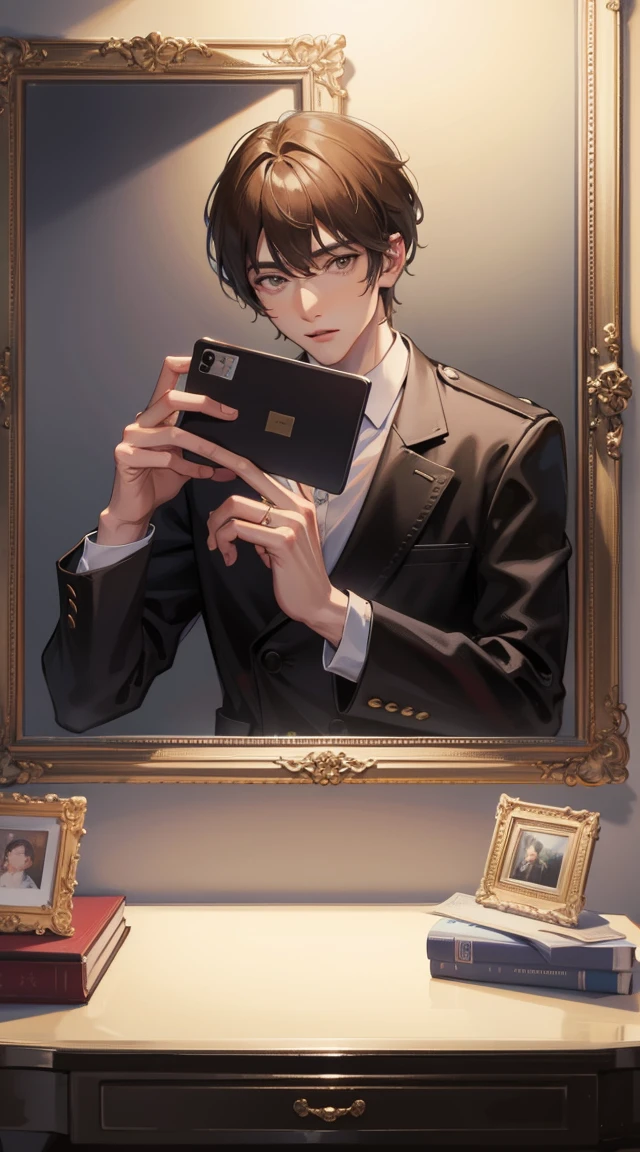 Handsome guy looking at photo frame