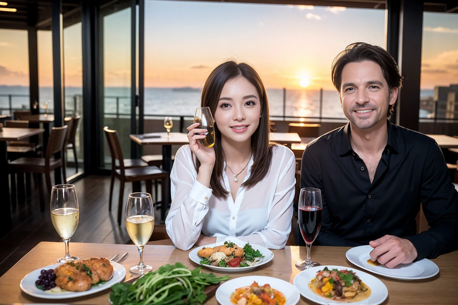 ((Highest quality、8K、masterpiece:1.3))、1 male 1 female、Eri Fukatsu、Beautiful couple、smile、full-course dinner、 (Slim face), (the body is スリム), (Brown Hair), (Shortcuts), ((Bob Hale、Straight hair:1.2)), テーブルの上のwine glass、Put the light on your face、 Amazing view of the sunset sky and clouds、smileの美しさ、Bright image、Blushing, Shortcuts, (43 years old), 39 years old, Appetizers、Italian food、Wine bottle、Champagne、sparkling wine、Long sleeve shirt、dress、Attractive beauty、restaurant, Nova Frog Style, actress, model, Upper Body, White wine, red wine, wine glass,