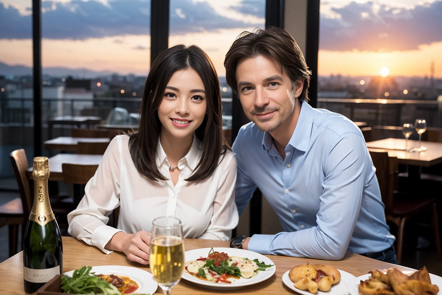 ((Highest quality、8K、masterpiece:1.3))、1 male 1 female、Eri Fukatsu、Beautiful couple、smile、full-course dinner、 (Slim face), (the body is スリム), (Brown Hair), (Shortcuts), ((Bob Hale、Straight hair:1.2)), テーブルの上のwine glass、Put the light on your face、 Amazing view of the sunset sky and clouds、smileの美しさ、Bright image、Blushing, Shortcuts, (43 years old), 39 years old, Appetizers、Italian food、Wine bottle、Champagne、sparkling wine、Long sleeve shirt、dress、Attractive beauty、restaurant, Nova Frog Style, actress, model, Upper Body, White wine, red wine, wine glass,