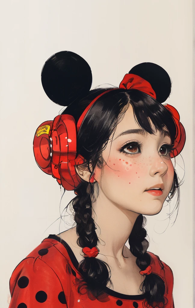 Beautiful woman in the same outfit as Minnie Mouse、smil、Dark hair、Black eyes、She wears a red ribbon with white polka dots on her head、The background is pop and cute...