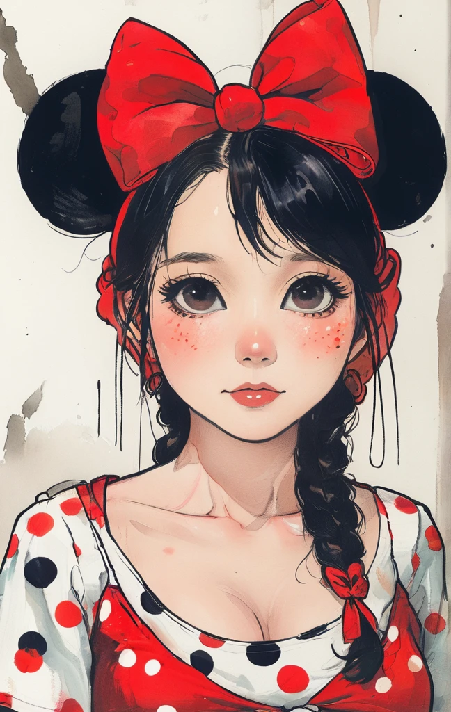 Beautiful woman in the same outfit as Minnie Mouse、smil、Dark hair、Black eyes、She wears a red ribbon with white polka dots on her head、The background is pop and cute...