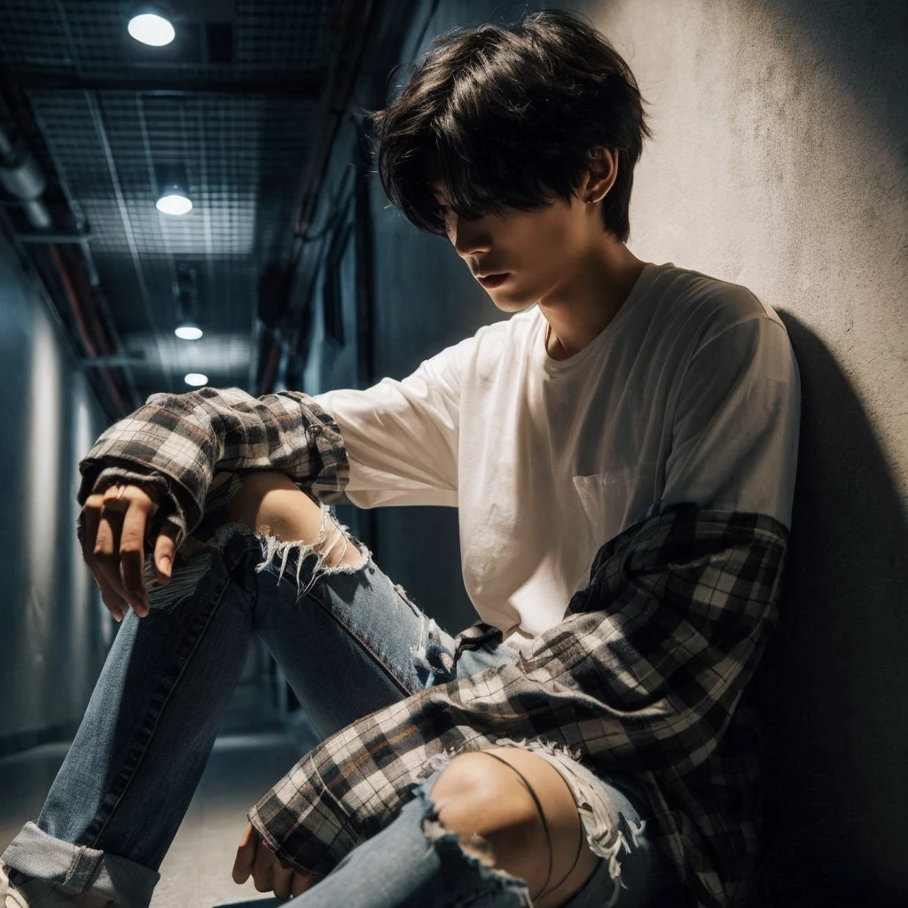 long shoot portrait, a 27-year-old Korean short mullet-haired man, wearing white shirts with flannel shirts torn blue jeans, ideal body, ideal height, sitting crouching on the floor leaning against a wall in a dark hallway with one light light, dim light, face down, realistic photo, ultra realistic, ultra-resolution, ultra-quality, ultra-resolution, ultra-resolution, very detail, 16k