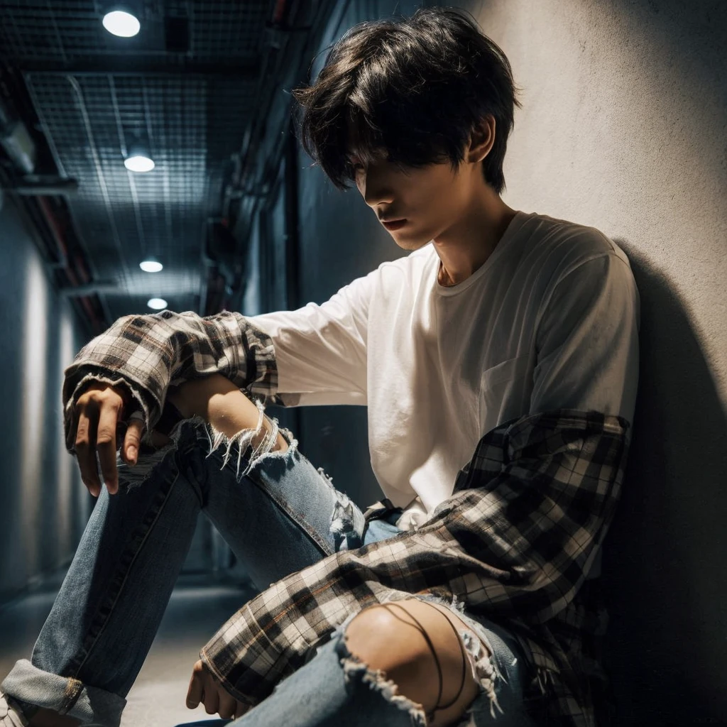 long shoot portrait, a 27-year-old Korean short mullet-haired man, wearing white shirts with flannel shirts torn blue jeans, ideal body, ideal height, sitting crouching on the floor leaning against a wall in a dark hallway with one light light, dim light, face down, realistic photo, ultra realistic, ultra-resolution, ultra-quality, ultra-resolution, ultra-resolution, very detail, 16k
