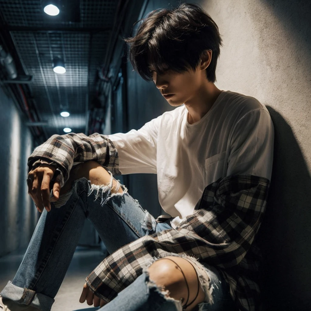 long shoot portrait, a 27-year-old Korean short mullet-haired man, wearing white shirts with flannel shirts torn blue jeans, ideal body, ideal height, sitting crouching on the floor leaning against a wall in a dark hallway with one light light, dim light, face down, realistic photo, ultra realistic, ultra-resolution, ultra-quality, ultra-resolution, ultra-resolution, very detail, 16k
