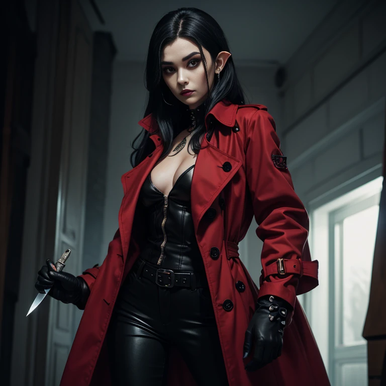 Nosferatu woman pale skin black hair with eyebrow piercing red trench coat black lates pants gloves with spikes holding a knife