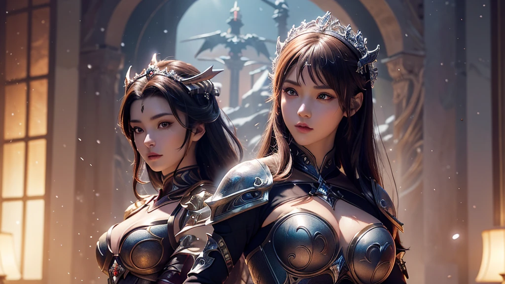 Close-up of woman holding sword and armor, Armor Girl, 2. 5D CGI anime fantasy artwork, Large Breasts，Epic fantasy digital art style, detailed Digital 2D fantasy art, Digital 2D fantasy art, original photo, (best quality:1.3), high resolution, (masterpiece), (lifelike:1.4), Professional photography, Clear focus, High Dynamic Range, 8k resolution, Intricate details, Fine details, Depth of Field, Extremely detailed CG unified 8k wallpaper, masterpiece，poster，best quality，Official Art，（Beauty and aesthetics：1.2），（masterpiece：1.3），Miss，personal，Light Leather Armor，complex pattern，winter，Snow Mountain，Medium distance photography，（midnight），dramatic，Giant bat wings，