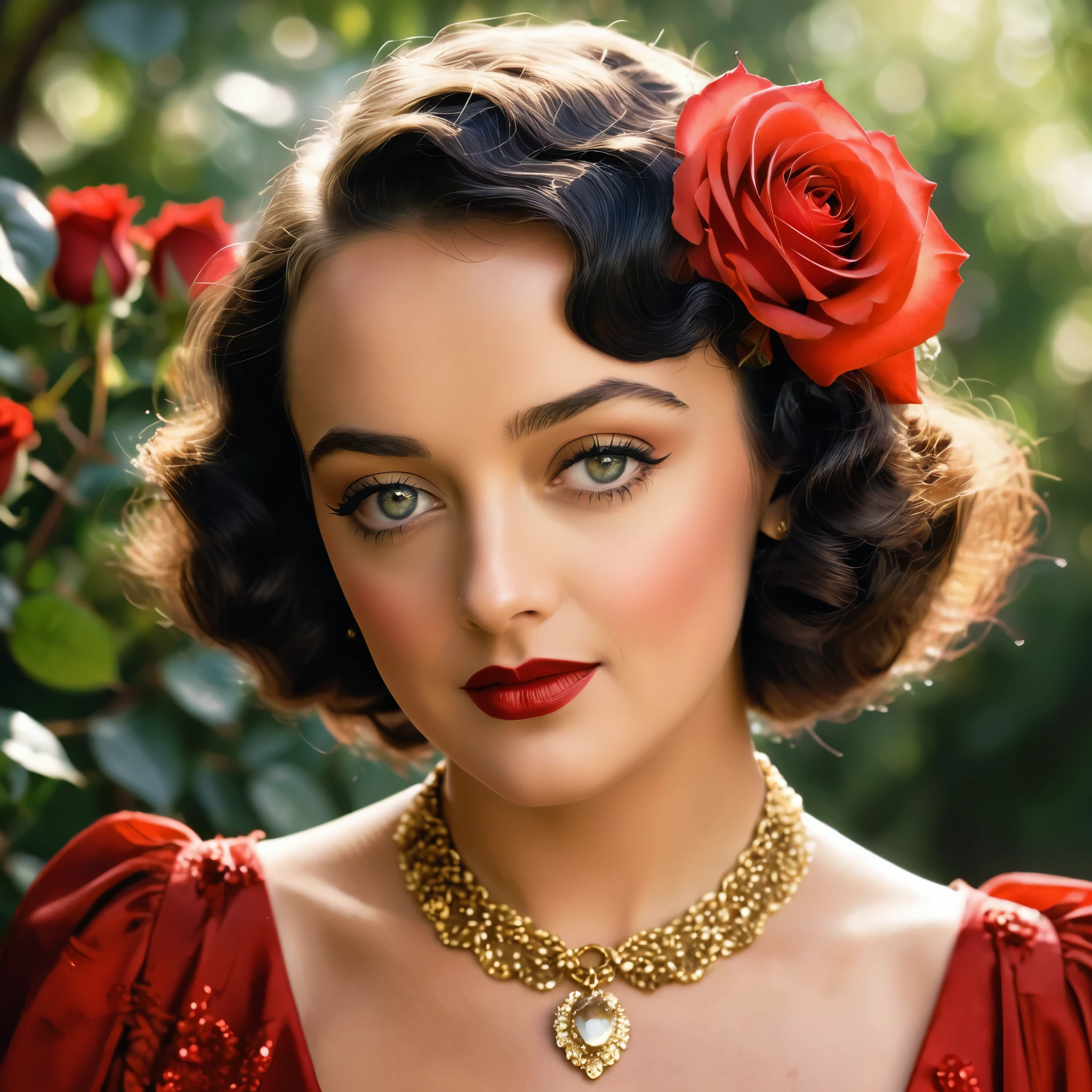 Create a highly detailed and realistic portrait of a young Bette Davis with short, wavy black hair adorned with red roses. She has striking, expressive eyes and a calm, composed expression. She is wearing a vintage-style outfit with a necklace featuring a pendant. The background is a soft-focus natural setting with warm, dappled sunlight filtering through the leaves, enhancing the serene and romantic atmosphere. The style should be hyper-realistic with a touch of romanticism. Photo Realistic photo, vibrant colors, 16k