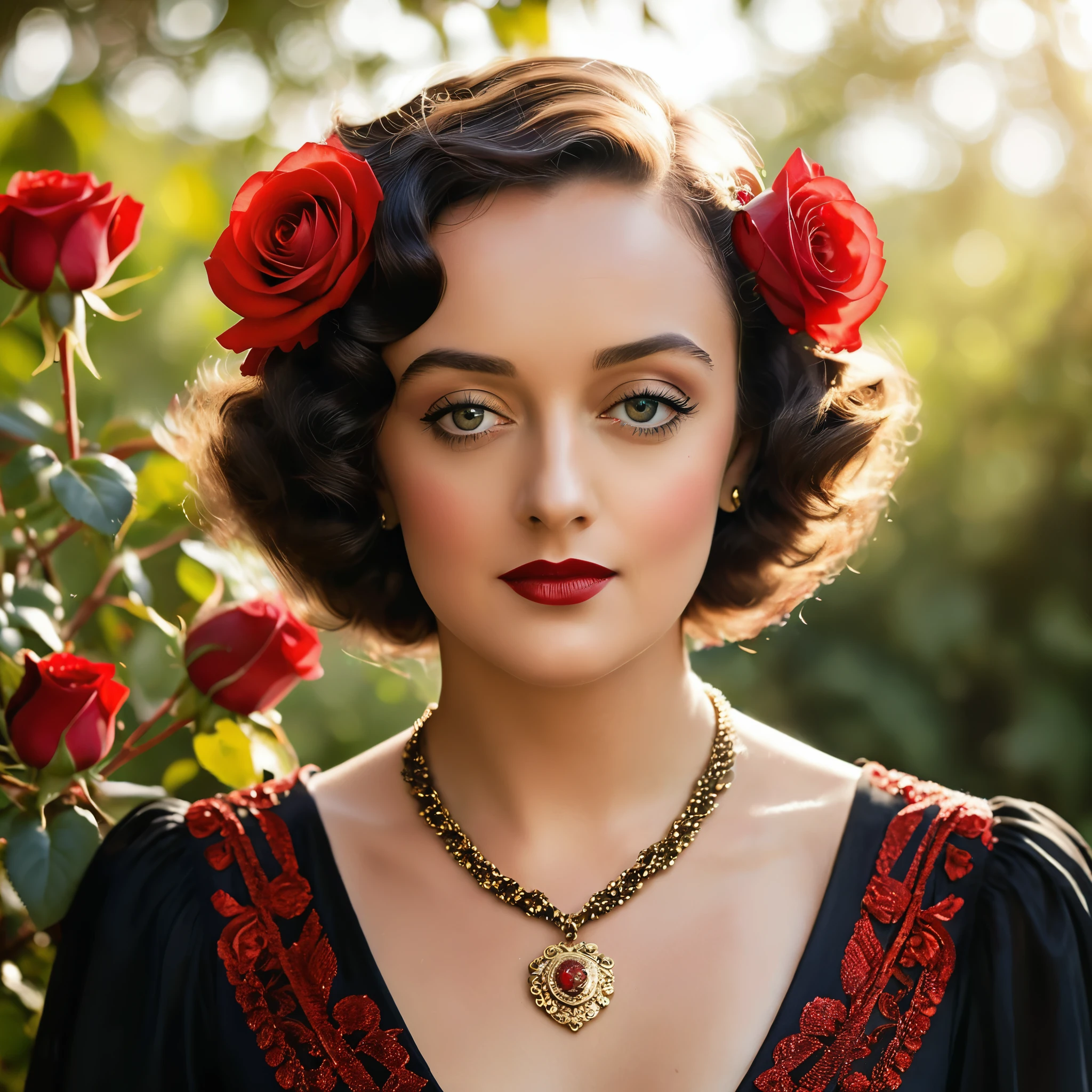 Create a highly detailed and realistic portrait of a young Bette Davis with short, wavy black hair adorned with red roses. She has striking, expressive eyes and a calm, composed expression. She is wearing a vintage-style outfit with a necklace featuring a pendant. The background is a soft-focus natural setting with warm, dappled sunlight filtering through the leaves, enhancing the serene and romantic atmosphere. The style should be hyper-realistic with a touch of romanticism. Photo Realistic photo, vibrant colors, 16k