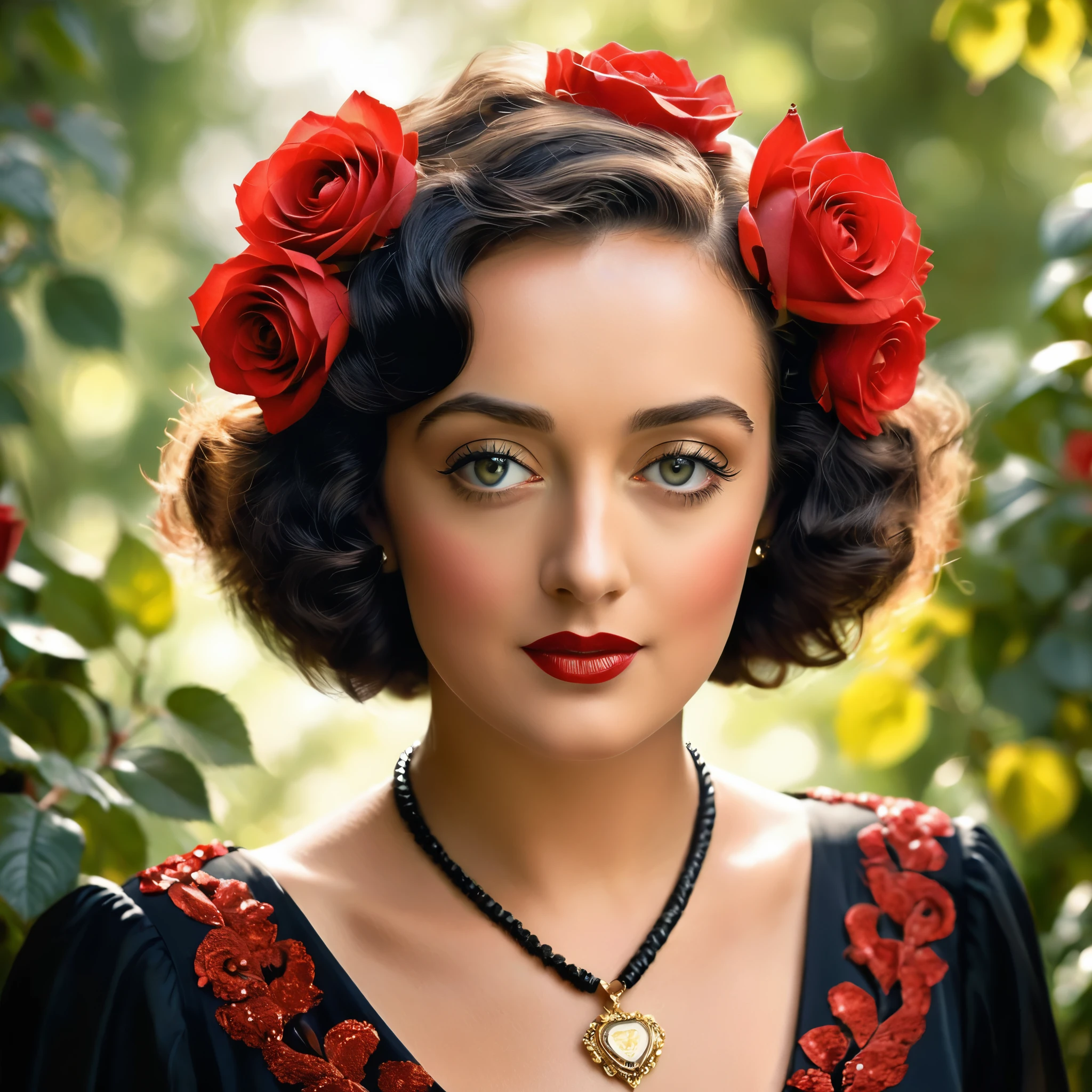 Create a highly detailed and realistic portrait of a young Bette Davis with short, wavy black hair adorned with red roses. She has striking, expressive eyes and a calm, composed expression. She is wearing a vintage-style outfit with a necklace featuring a pendant. The background is a soft-focus natural setting with warm, dappled sunlight filtering through the leaves, enhancing the serene and romantic atmosphere. The style should be hyper-realistic with a touch of romanticism. Photo Realistic photo, vibrant colors, 16k