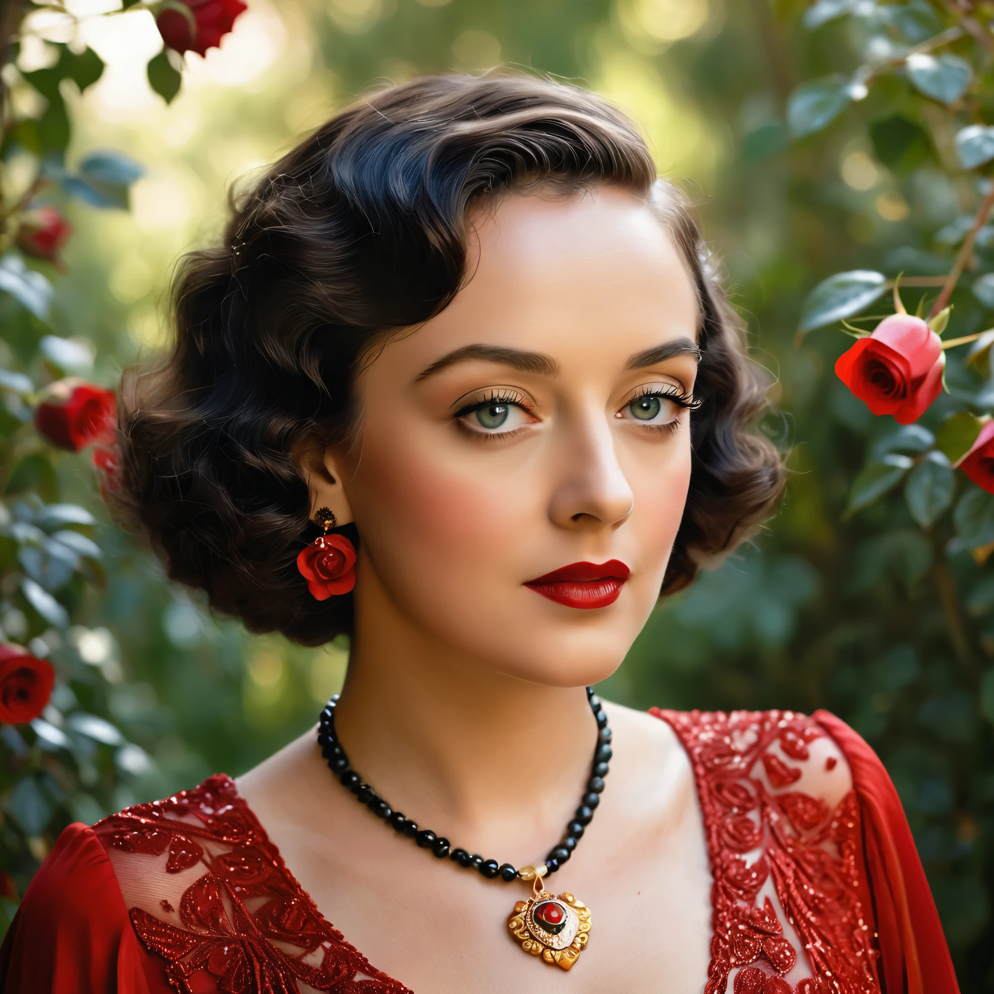 Create a highly detailed and realistic portrait of a young Bette Davis with short, wavy black hair adorned with red roses. She has striking, expressive eyes and a calm, composed expression. She is wearing a vintage-style outfit with a necklace featuring a pendant. The background is a soft-focus natural setting with warm, dappled sunlight filtering through the leaves, enhancing the serene and romantic atmosphere. The style should be hyper-realistic with a touch of romanticism. Photo Realistic photo, vibrant colors, 16k