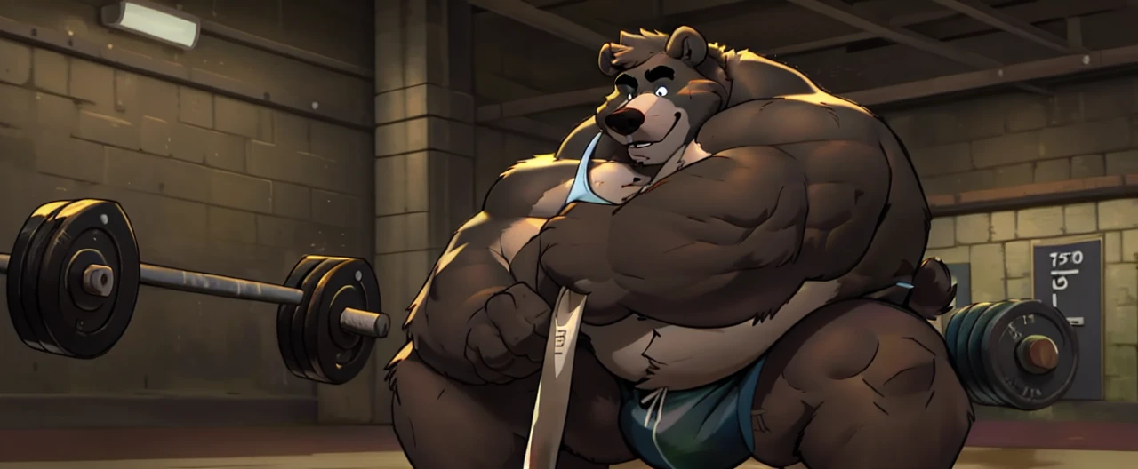 ((masterpiece, best quality)),solo, 1bear, solo, baloo, huge thick muscular, black gym shorts, black tank top, black eyes, furry, bear, no humans, gymnasium, looking at the results from the measuring tape of how many weights and pounds he’d lost