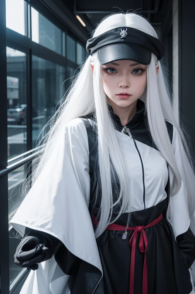 1girl, (solo), anime girl with long white hair and red eyes, girl with white hair, girl in white turtleneck, ((eyepatch)), pointed ears, ((vampire)), smirk, smug, closed mouth, cowboy shot, perfect white haired girl, white haired deity, digital cyberpunk anime art, turtleneck, lens flare, ((dramatic lighting)), soft glowing red eyes, extremely detailed, masterpiece, looking at viewer, city in background, (night)