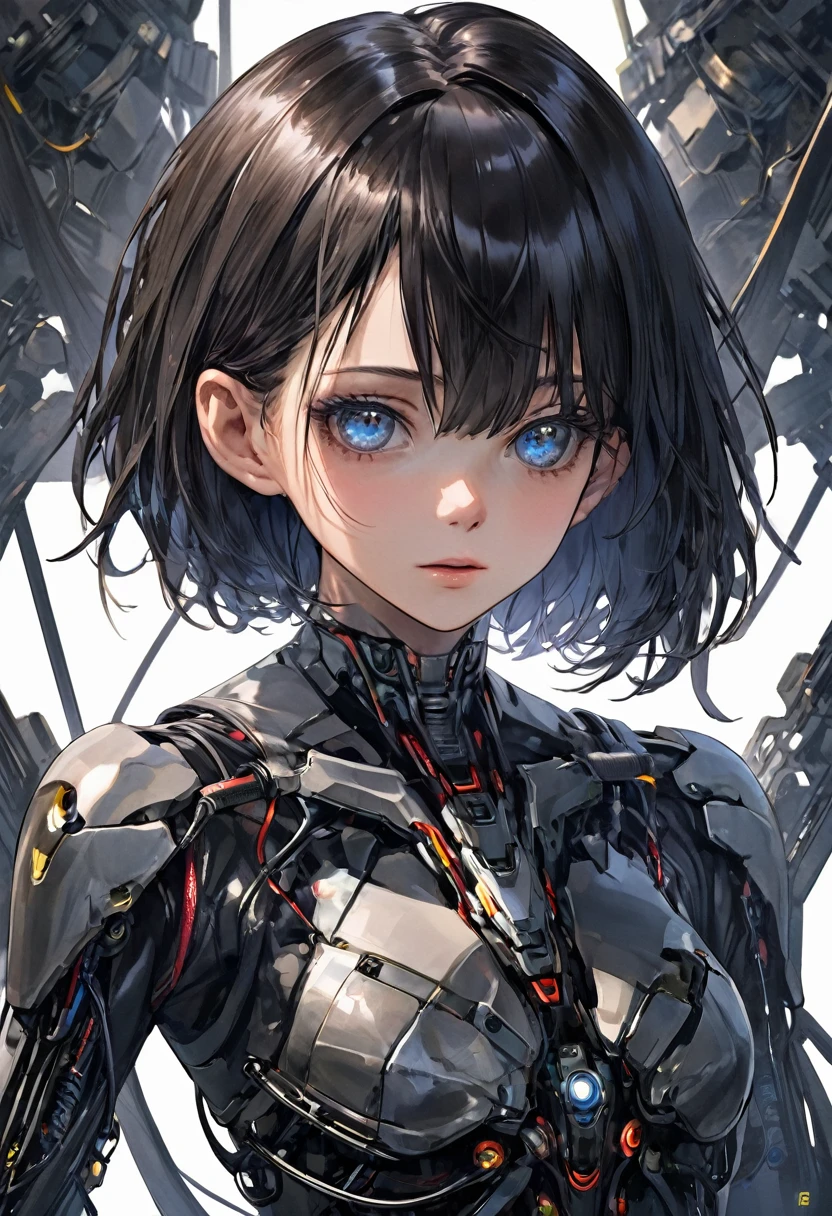 masterpiece, best quality, 1girl, short hair, adult, fully mature, surronding by wire , broken parts , apocalypse . she look broken , from above, upper body , extremely detailed eyes , she half android ,
