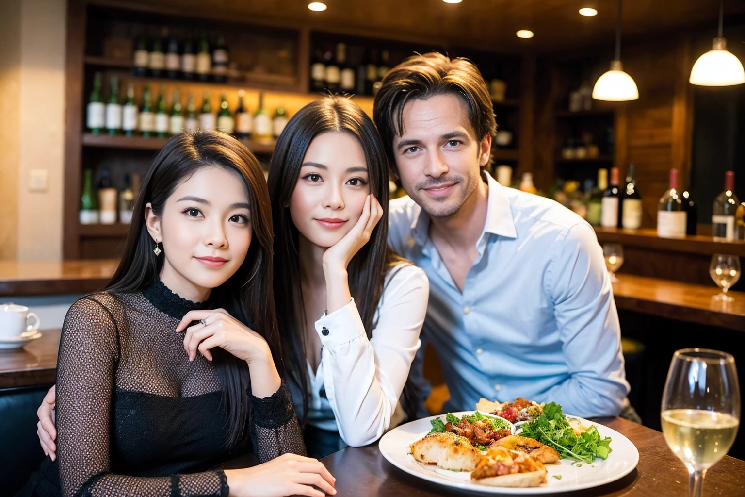 ((Highest quality、、masterpiece:1.3))、1 male、1 female、spouse、Beautiful couple、smile、full-course dinner、 (Slim face), (the body is スリム), (Brown Hair), (Shortcuts), ((Bob Hale、Straight hair:1.2)), テーブルの上のwine glass、Put the light on your face、 Amazing view of the sunset sky and clouds、smileの美しさ、Bright image、Blushing, Shortcuts, (43 years old), 39 years old, Appetizers、Italian food、Wine bottle、Champagne、sparkling wine、Long sleeve shirt、dress、Attractive beauty、restaurant, Nova Frog Style, actress, model, Upper Body, White wine, red wine, wine glass,