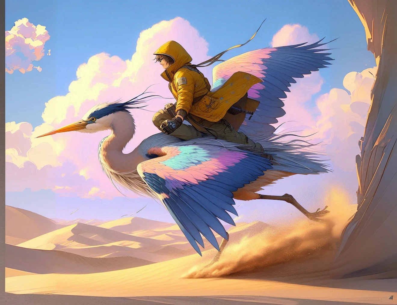 Man riding on the back of a blue heron, bird looks like blue heron, blue sky desert sands, long shot, man wearing long dusty yellow overcoat with hood and futuristic goggles, large vista, running, wind blowing, muted pastel multicolors feathers slightly curly, paint splatter, paint splatter, throwing up dust, sand dunes, running in desert sand, kicking up sand, dust, sand plumbs, fluffy white clouds tinged in pinks, oranges and violet, anime impressionist art style, 8k resolution,