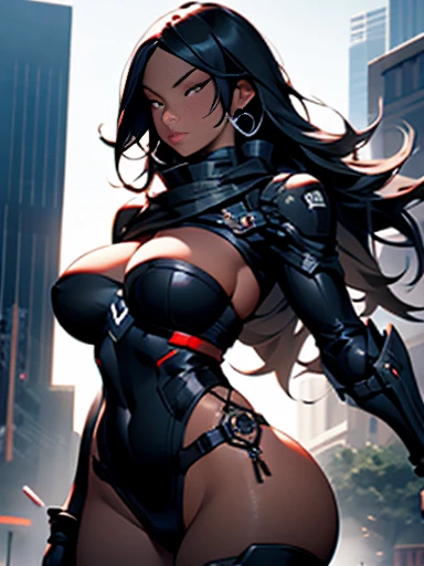 Girl with big breasts, with black spy suit, ebony black skin, curvy body, big neckline, long black hair and crimson eyes.