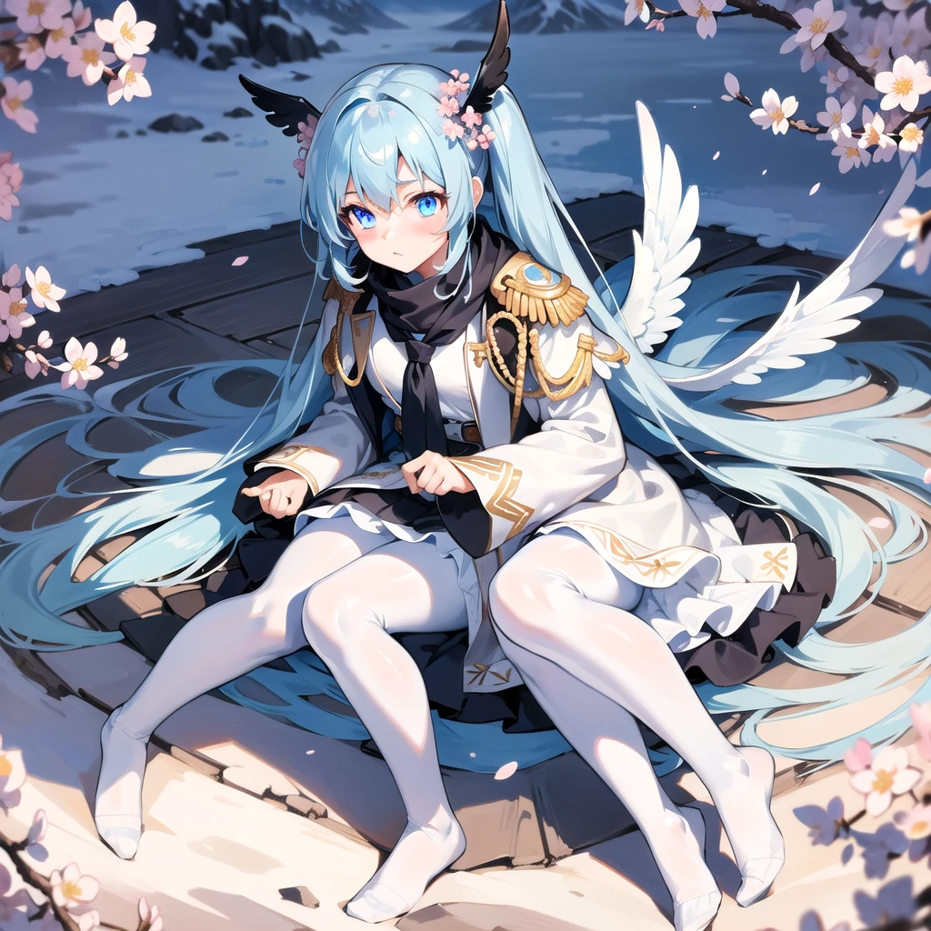 masterpiece, highest quality, highest resolution, clear_image, detailed details, light blue hair, long hair, one girl, light blue eyes, white pantyhose, black military clothing, light blue scarf, light blue wings (4 wings), cute, full body, no water marks, mountain (cherry blossom mountain)