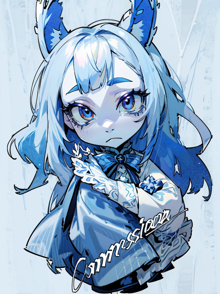 chibi, front facing, full body, solo, masterpiece, best quality, extremely detailed, detailed background, detailed face, 1girl, pale skin, long blue hair, deer ears, white deer horns, white elegant dress, blue flower, good finger, perfect face, intricate details, mystical forest theme