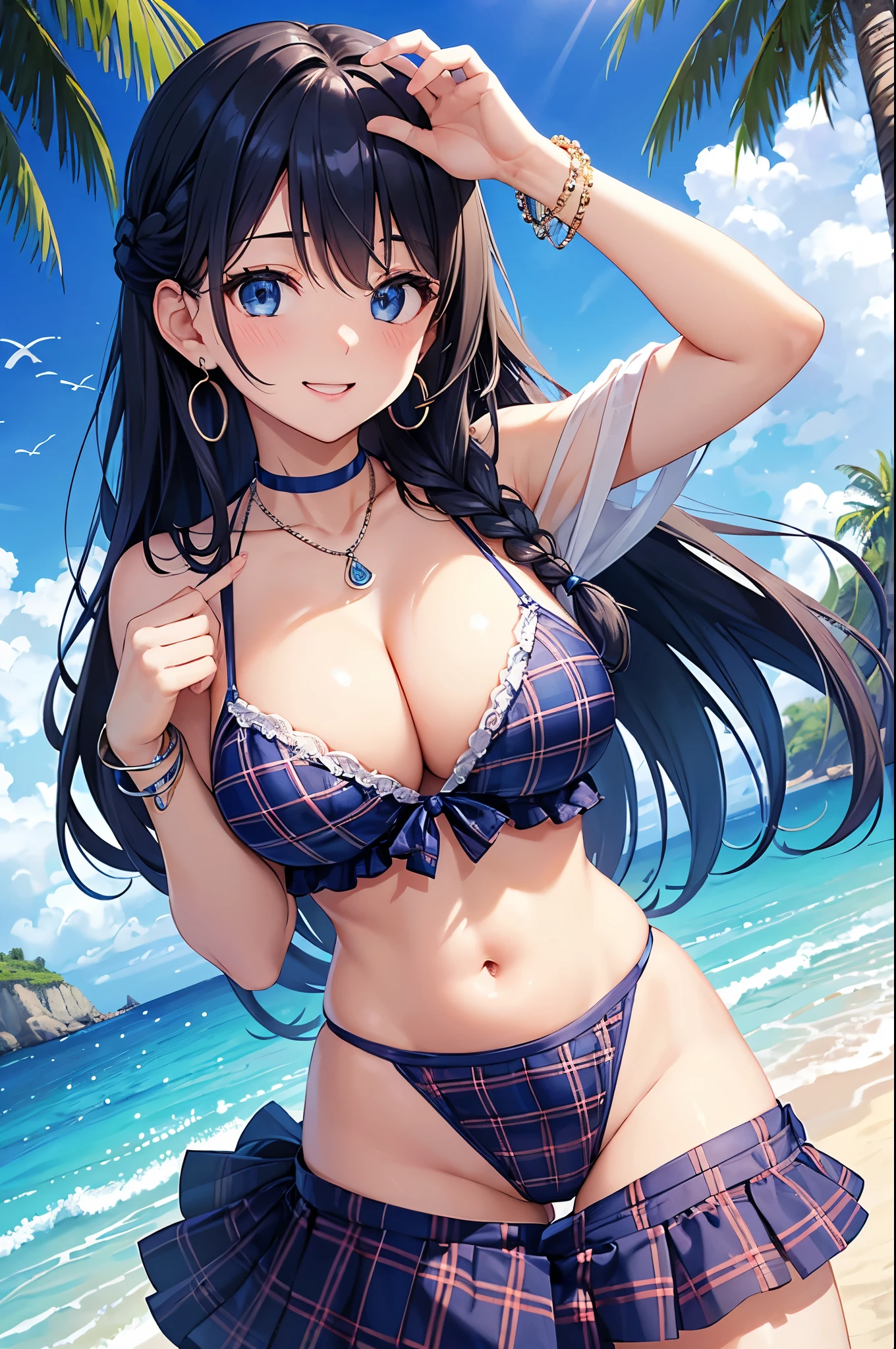 Highest quality、Highest quality、masterpiece、(8K),beauty(Age 25)、Navy blue long hair(Braiding of sides)、blue eyes、Sexy Bikini(Plaid)、Big cleavage、(Big Breasts)、smile、blue necklace、Blue Earrings、background(Beach)、Please open your mouth wide、bracelet、Chest puffing pose、Blue choker