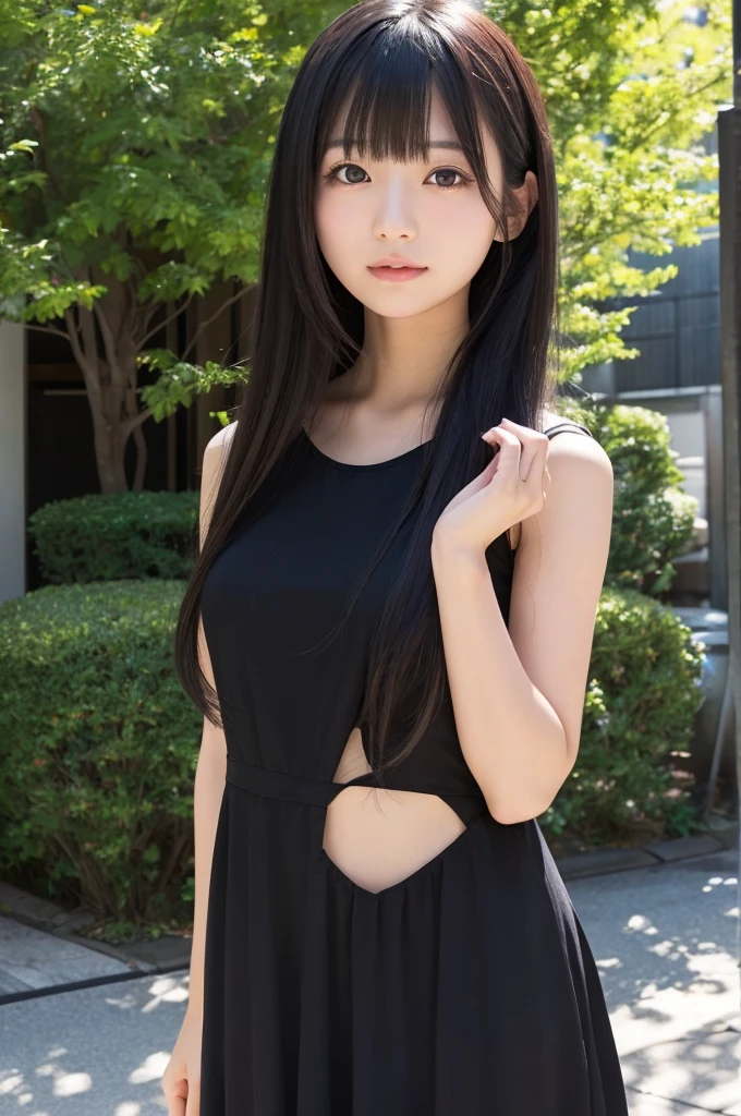 ((Highest quality))、A Japanese girl in her twenties、With bangs,Black long hair,Black dress、front、outside