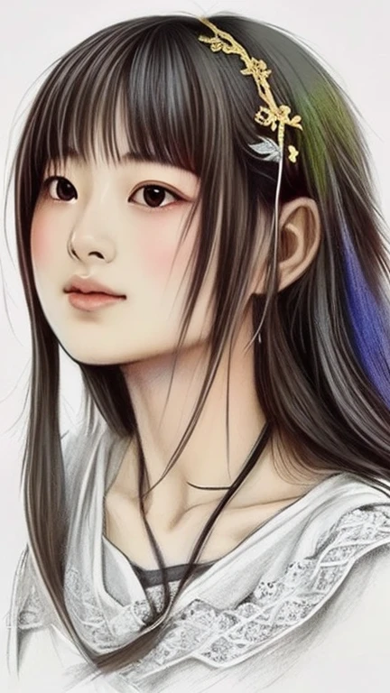 Beautiful Japanese elf girl, concept art, 8k intricate details, surreal fairytale style, head tilt, upper body, oversized detailed black eyes, looking down,  textured hair, simple {charcoal|white} background, soft muted pastel colored pencil illustration, intricate gold filigree necklace, from side, multicolored {brown|black|white} hair, wispy curled hair, style of Carne Griffiths, (unfinished sketch), extremely high detail,midjourney,1 girl,Mysticstyle,chan-wong