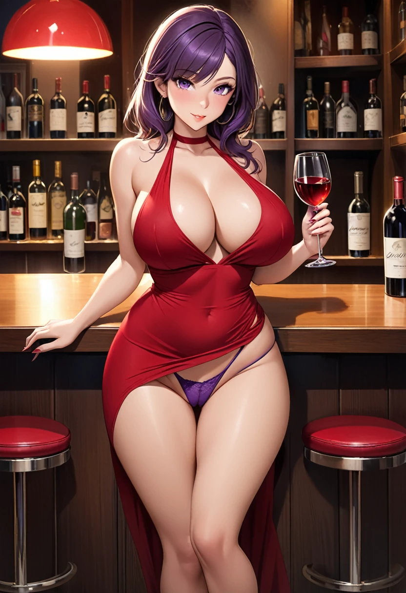 (nsfw), realistic anatomy, (curvy woman), big breasts, big hips, (long legs, detailed, sensual), (bank skin), (hair, purple, short, asymmetrical), (red dress, sensual, fitted) , (marked thong,) (front), (show her large breasts peeking out of a large neckline), (show her butt and bare legs), red strappy mid-calf heels), (in a bar), (with cold lighting ), (holding a glass of wine), (flirtatious gaze towards the viewer)