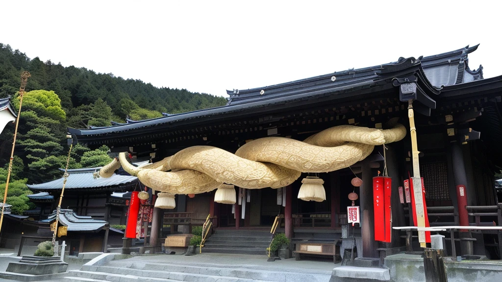 there are many baskets hanging from the roof of a building, oni horns, pagoda with a lot of wind chimes, giant horns, shinto shrine, japanese temple, large horns, hakusensha, temple, devils horns, japanese shrine, japanese temples, pochi iida, inspired by Gusukuma Seihō, a temple, giant tentacles