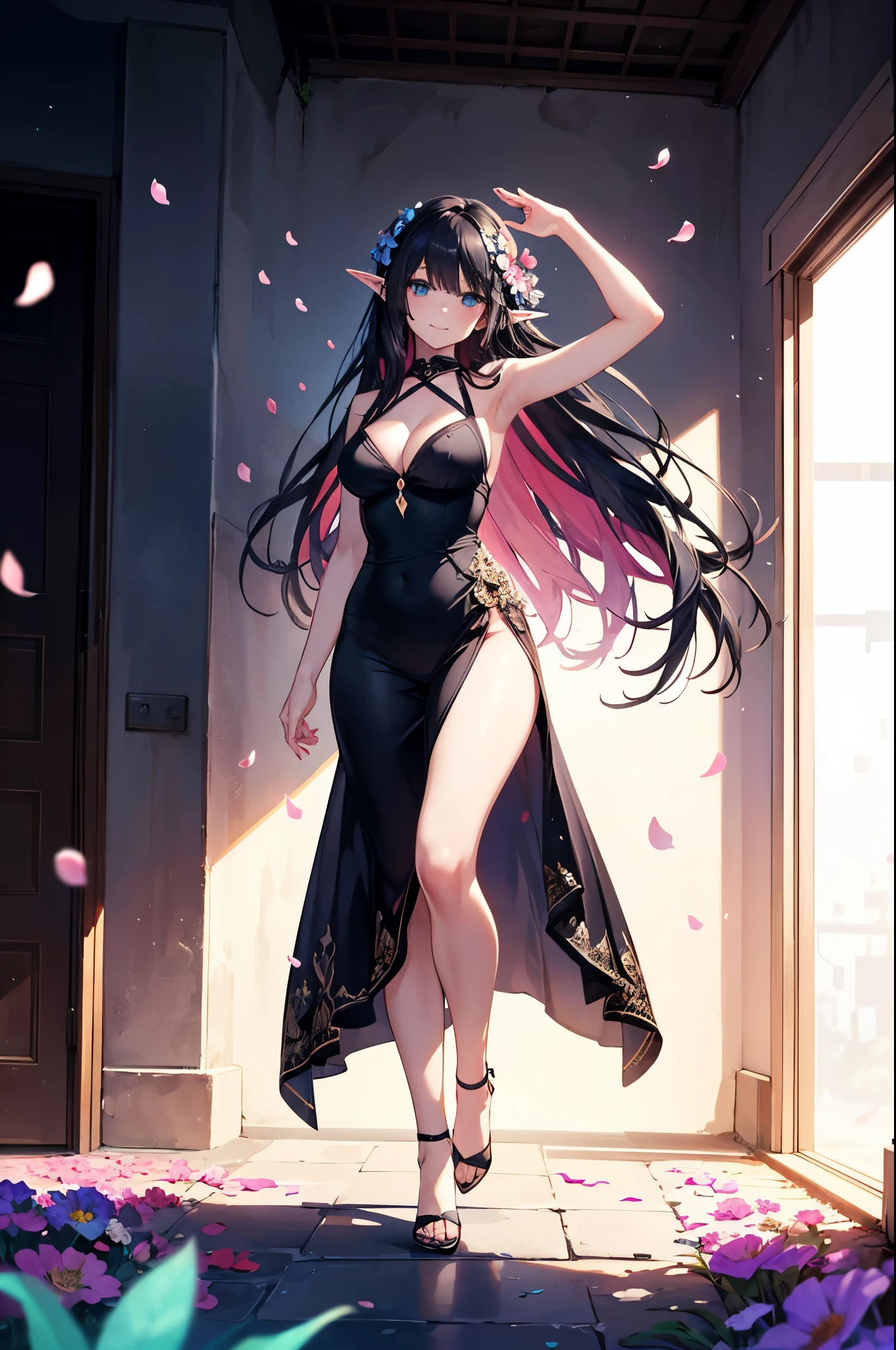 realistic image, detailed image, coherent image, 1 beautiful elf, has very long hair, black hair, turquoise eyes, smiling, she is wearing an edgSD dress, showing her legs, She has a curvy body, medium breasts and thick thighs, She is walking, sensually posing, arching back, sprouting breasts, full body view, falling flower petals, background surrounded by flowers, soft focus, dramatic shadows, volumetric lighting, natural lighting, artificial lighting, white background, soft background, edgSDress