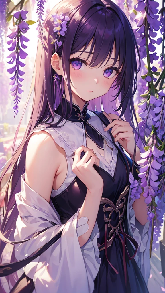 Wisteria-themed artwork, ((Highest quality)), High resolution, 8K, Cinematic Light, High Contrast, Written boundary depth、、sharp、beautiful, Strong brilliance, Detailed Background, One Girl, cute, fine grain, Shining Eyes, Detailed Iris、From a distance