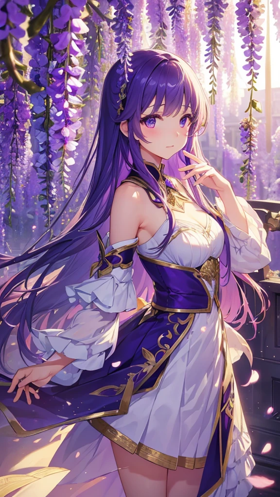Wisteria-themed artwork, ((Highest quality)), High resolution, 8K, Cinematic Light, High Contrast, Written boundary depth、、sharp、beautiful, Strong brilliance, Detailed Background, One Girl, cute, fine grain, Shining Eyes, Detailed Iris、From a distance