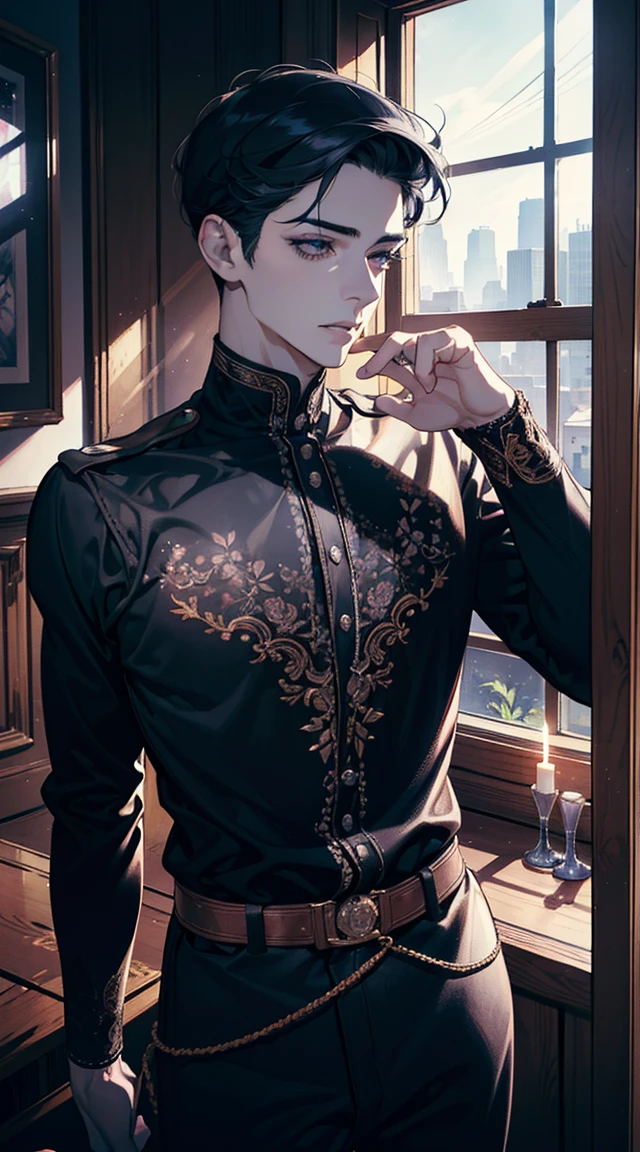 a handsome man, beautiful detailed eyes, beautiful detailed lips, extremely detailed eyes and face, long eyelashes, muscular male physique, relaxed expression, holding a photo frame, sunlight filtering through window, wooden interior, warm lighting, cinematic composition, high quality, photorealistic, intricate details, dramatic lighting, cinematic atmosphere