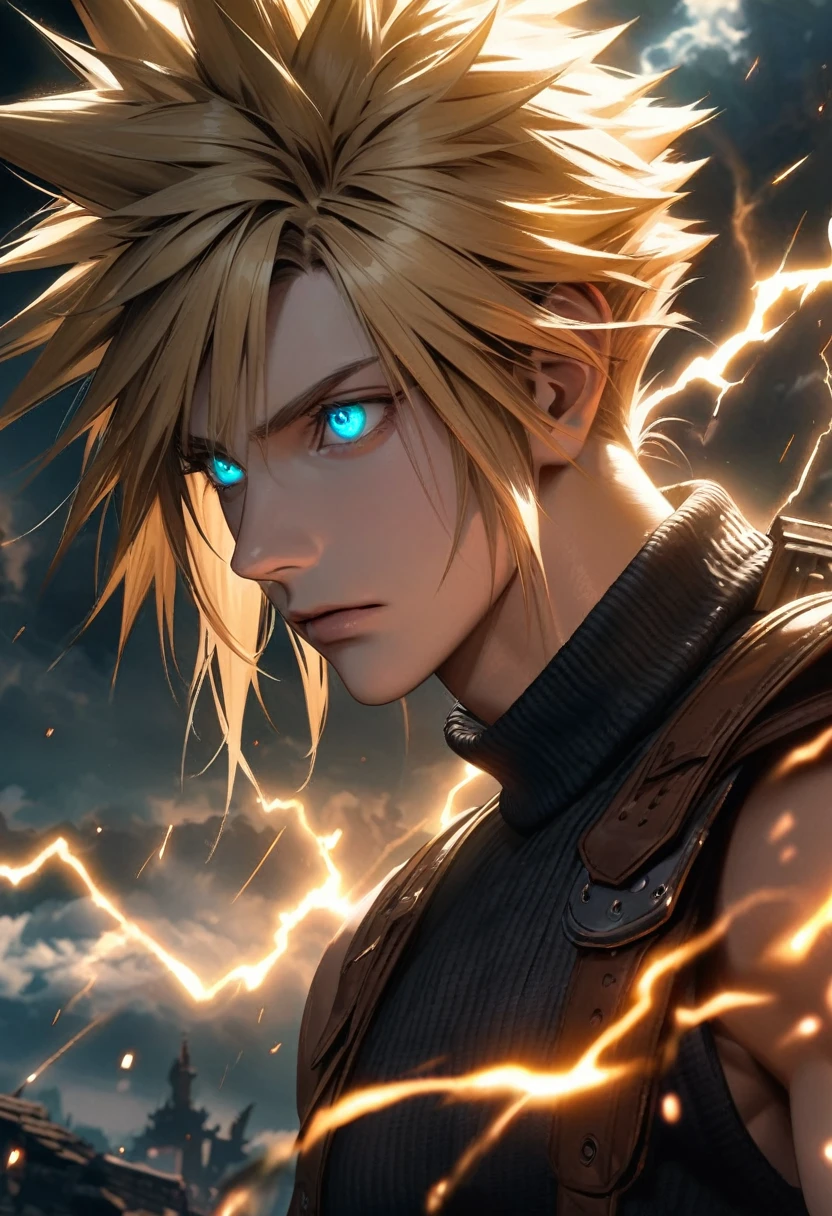 Symetrical,absurdres, highres, ultra detailed, HDR, masterpiece, extremely detailed face and eyes, Cloud Strife,final fantasy 7, yellow hair , , solo, man, handsome, ,, , Epic fight scene, lightning effect, glowing glitters