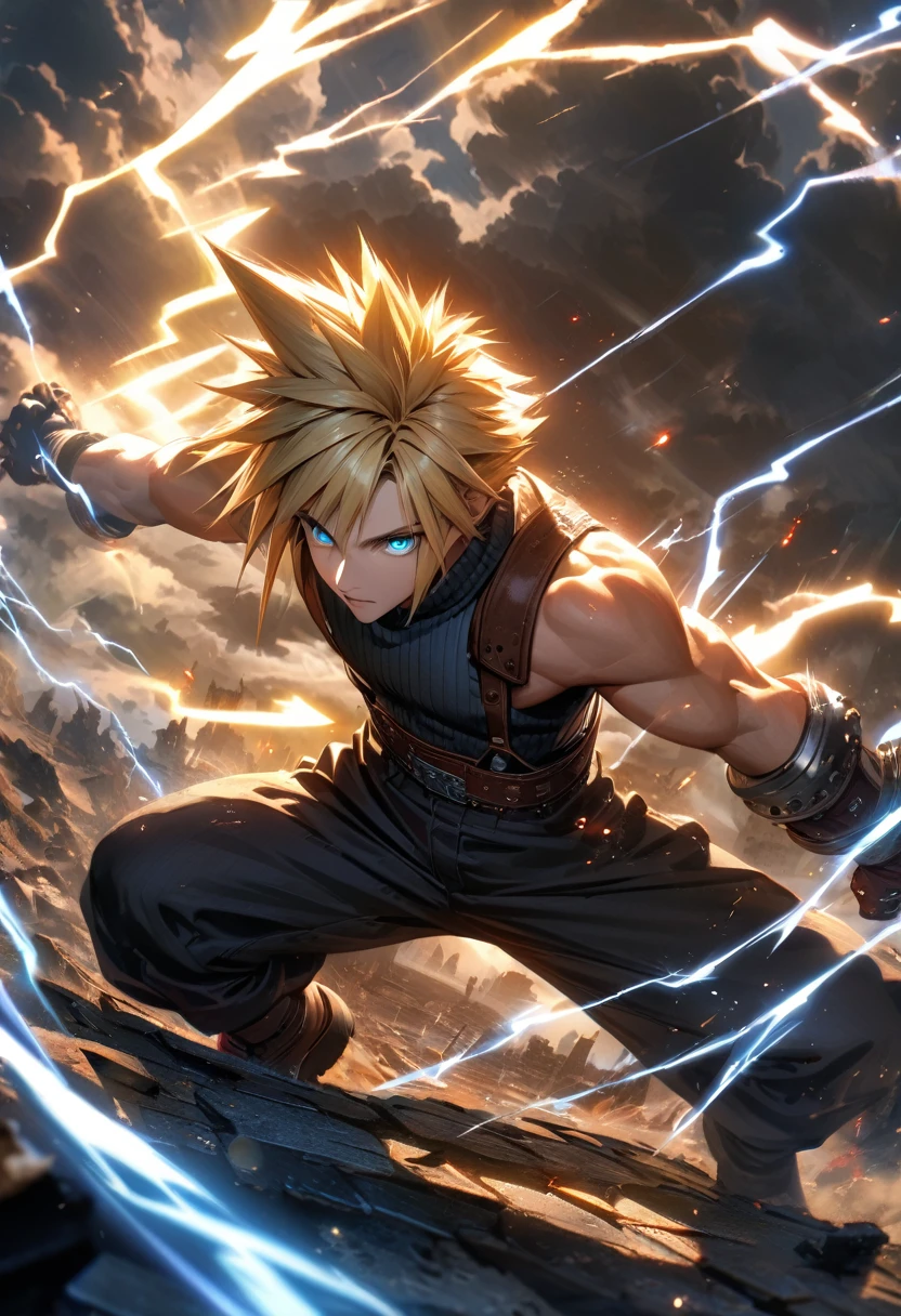 Symetrical,absurdres, highres, ultra detailed, HDR, masterpiece, extremely detailed face and eyes, Cloud Strife,final fantasy 7, yellow hair , , solo, man, handsome, ,, , Epic fight scene, lightning effect, glowing glitters