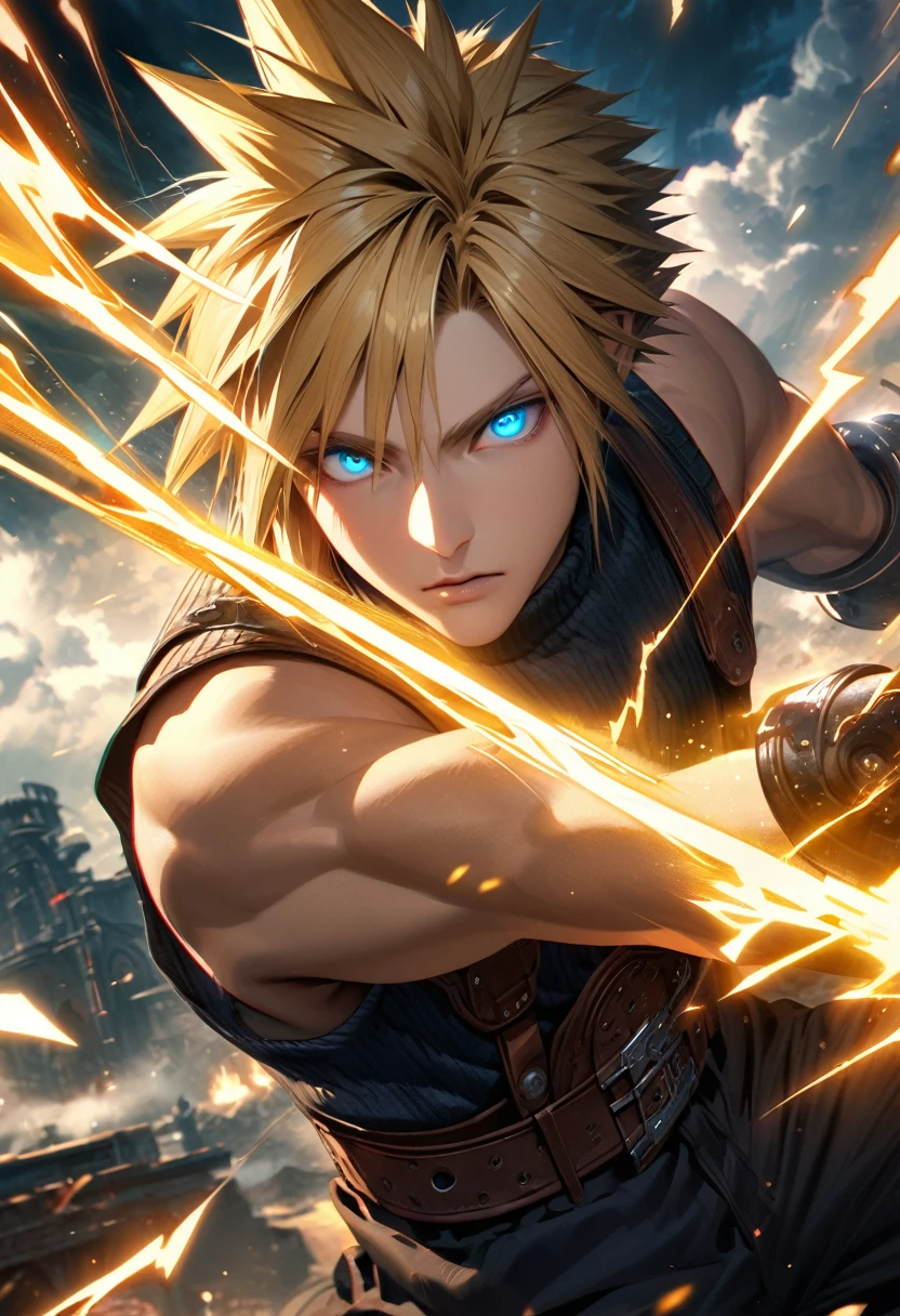 Symetrical,absurdres, highres, ultra detailed, HDR, masterpiece, extremely detailed face and eyes, Cloud Strife,final fantasy 7, yellow hair , , solo, man, handsome, ,, , Epic fight scene, lightning effect, glowing glitters