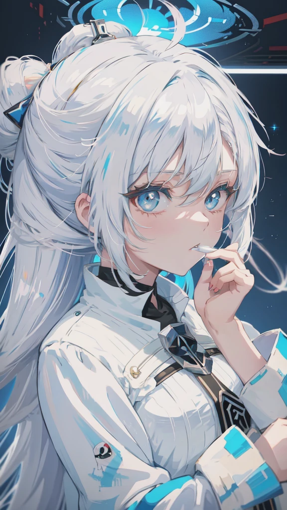 Anime girl with white hair and blue eyes brushing her teeth, 2 d Anime Style, Anime Styled, Anime Style character, Anime Style 4 k, Anime art style, high quality Anime art style, Anime Style portrait, Girls Frontline Style, Anime Style. 8K, trigger Anime art style, Perfect white hair girl, Inspired by anime, in an Anime Style, Style Anime