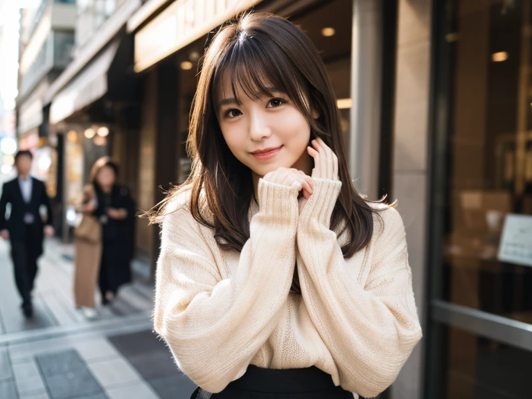 In detail, High resolution, high quality、Perfect dynamic composition, Beautiful attention to detail, Medium Hair, 、Natural color lip,Kamimei、Shibuya Ward、company employee、1 person、Clear Skin、Shiny Hair、Tabletop, 最high quality, figure, Ultra-detailed details, High resolution, 8K,sweater(light brown)And a long skirt(black),Rest your chin on your hands,Anatomically correct,cute,Perfect and beautiful hands,smile