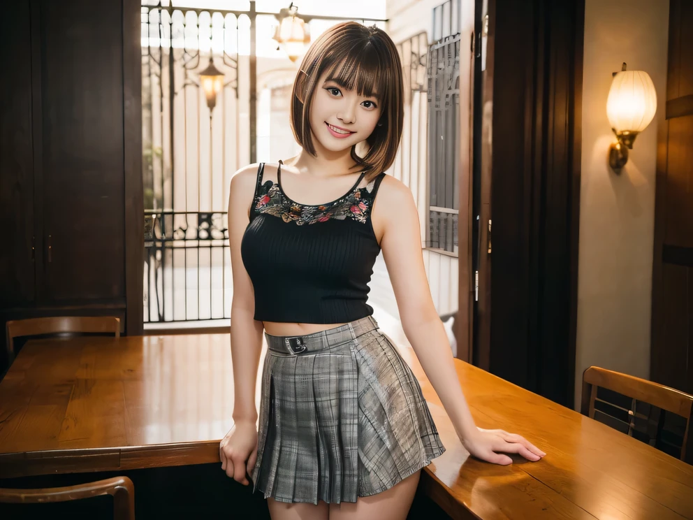 (8K, RAW Photos:1.2), Detailed face and eyes,最high quality, Ultra-high resolution, Very detailed ,Intricate details ,Tabletop ,pretty girl ,Round eyes、 Soft cinematic light, Hyper Detail,Sharp focus, high quality, Brown Hair,((Bobcut))、(Straight bangs)、City of night、Night view、 ((Tank top))、(Pleated skirt)、”dwarf”、(Full Body Shot)、Waist、(I can see your thighs)、Cowboy Shot、 smile、I can see your belly button、Floral clothes、