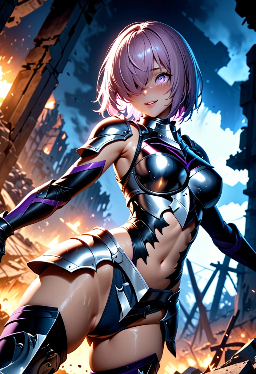 (masterpiece, top quality, best quality, beautiful and aesthetic:1.2), full body, SFW, extremely detailed, detailed face and eyes, cinematic light, depth of field, 1girl, seducing smile, solo, official, (armored knight:1.4), dark armor, mash kyrielight, light purple hair, short hair, hair over one eye, slim body, cinematic lighting, dramatic lighting, dramatic atmosphere, hyper-realistic, high resolution, stunning contrast, high quality, best quality, 8k, 4k, intricately detailed, (amazing details:1.2), highly detailed skin, powerful presence, vibrant colors, (detailed eyes:1.2), striking eyes, (detailed background), (warzone on background, night, ruins), (dynamic angle:1.2), (dynamic pose:1.2)