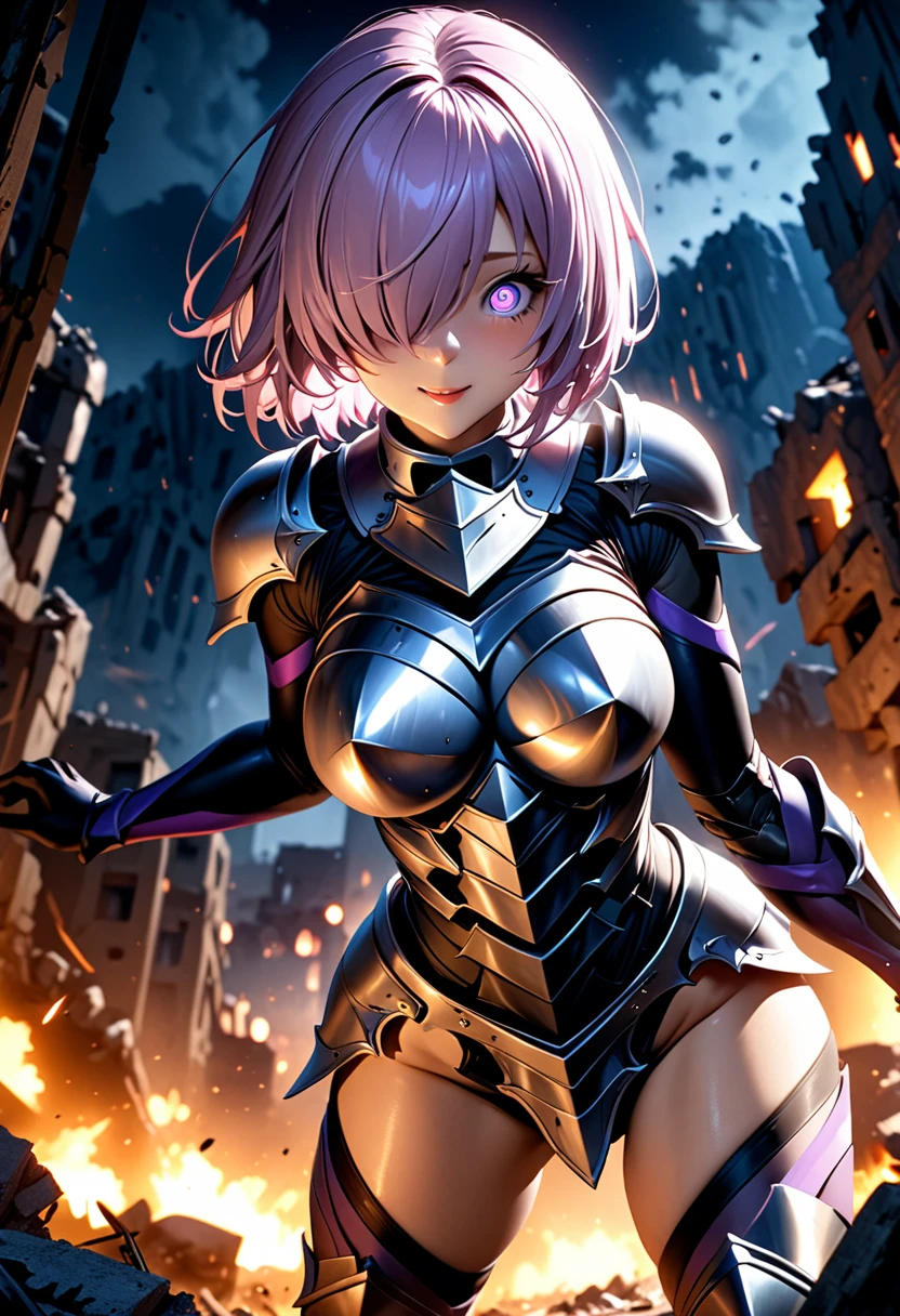 (masterpiece, top quality, best quality, beautiful and aesthetic:1.2), full body, SFW, extremely detailed, detailed face and eyes, cinematic light, depth of field, 1girl, seducing smile, solo, official, (armored knight:1.4), dark armor, mash kyrielight, light purple hair, short hair, hair over one eye, slim body, cinematic lighting, dramatic lighting, dramatic atmosphere, hyper-realistic, high resolution, stunning contrast, high quality, best quality, 8k, 4k, intricately detailed, (amazing details:1.2), highly detailed skin, powerful presence, vibrant colors, (detailed eyes:1.2), striking eyes, (detailed background), (warzone on background, night, ruins), (dynamic angle:1.2), (dynamic pose:1.2)