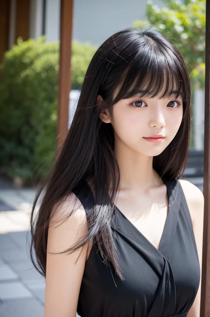 ((Highest quality))、A Japanese girl in her twenties、With bangs,Black long hair,Black dress、front、outside