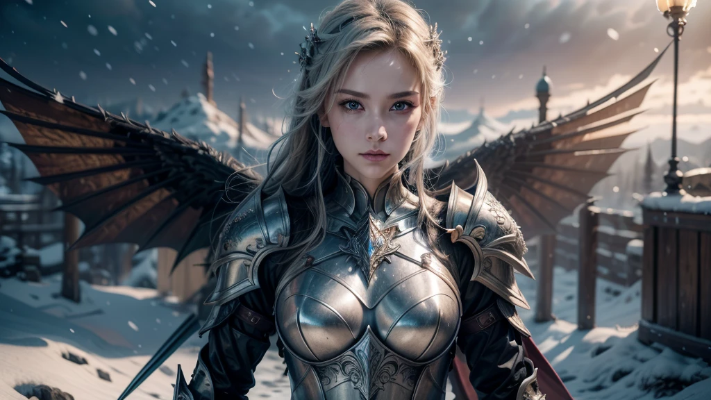Close-up of woman holding sword and armor, Armor Girl, 2. 5D CGI anime fantasy artwork, Large Breasts,Epic fantasy digital art style, detailed Digital 2D fantasy art, Digital 2D fantasy art, original photo, (best quality:1.3), high resolution, (masterpiece), (lifelike:1.4), Professional photography, Clear focus, High Dynamic Range, 8k resolution, Intricate details, Fine details, Depth of Field, Extremely detailed CG unified 8k wallpaper, masterpiece,poster,best quality,Official Art,(Beauty and aesthetics:1.2),(masterpiece:1.3),Miss,personal,Light Leather Armor,complex pattern,winter,Snow Mountain,Medium distance photography,(midnight),dramatic,Giant bat wings,