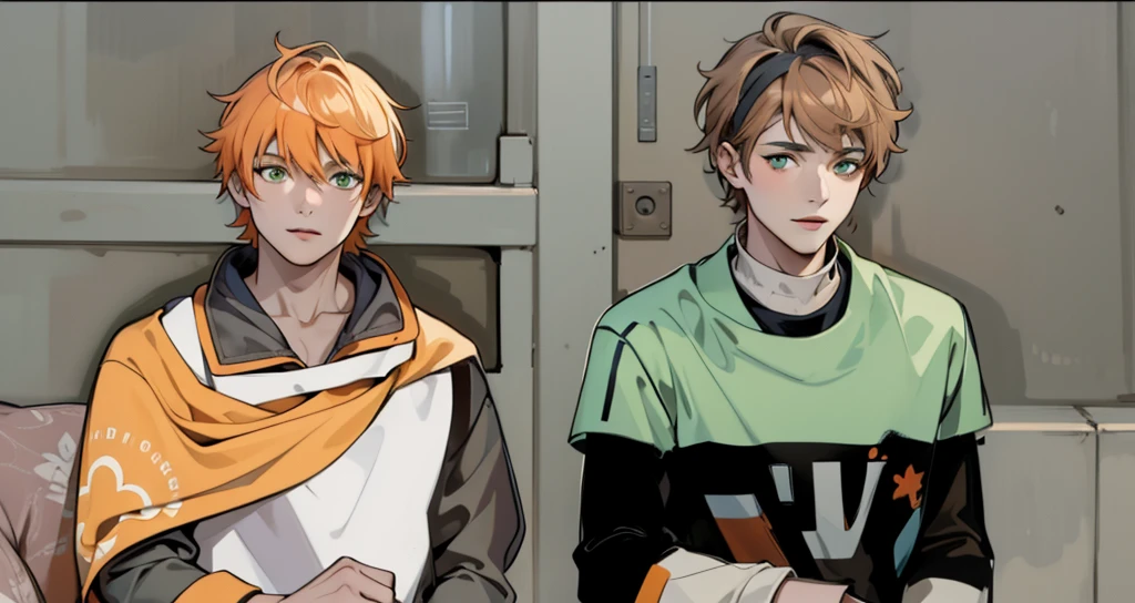 There are two young cute men of 18 years old sitting talking sadly, one has orange hair and orange eyes, the other has green eyes, brown hair combined with white locks.