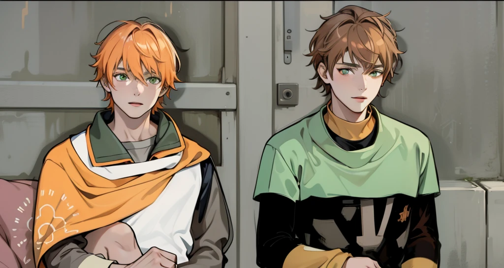 There are two young cute men of 18 years old sitting talking sadly, one has orange hair and orange eyes, the other has green eyes, brown hair combined with white locks.