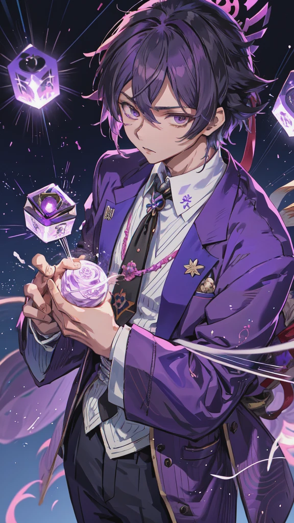 Image taken from an anime of a man in a purple suit, inspired by Okumura Masanobu, Handsome men from Demon Slayer, handsome prince, inspired by Okumura Togyu, Beautiful androgynous prince, Anime Handsome Man, Hajime Yatate, Handsome Japanese Devil Boy, A delicate androgynous prince