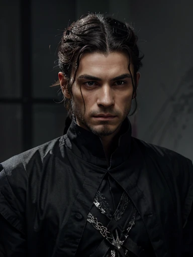 An image of a man, dark medical hair, a gray crown on his head, light eyes, and a serious expression, dressed in black imperial clothes.