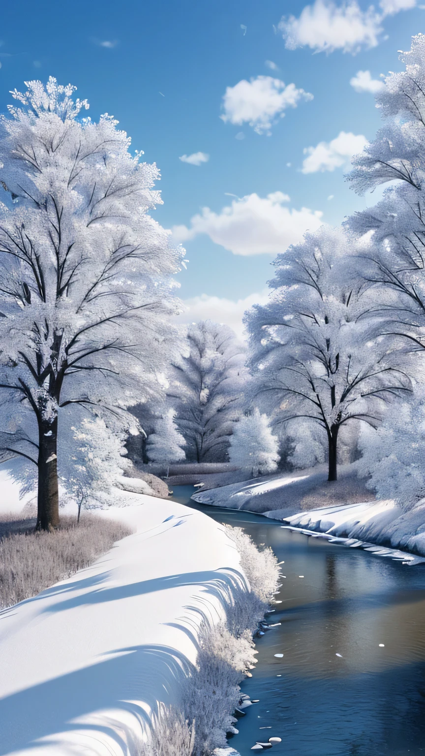 Winter white trees river clouds snow ice, Ultra HD, Realistic, Vibrant colors, Very detailed, UHD rendering, Pen and ink, Perfect composition, Beautiful and sophisticated、Highly detailed Octane renderings are trending on Art Station, 8K Art Photography, photoRealistic concept art, Perfect cinematic light with soft, natural volume